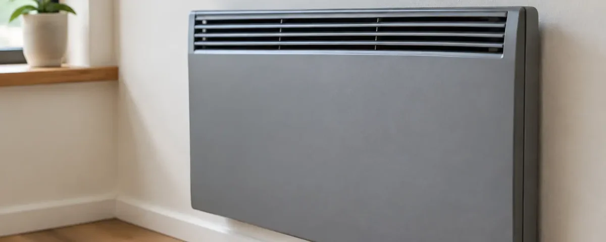 Appareil de chauffage gris fixe au mur avec etiquette