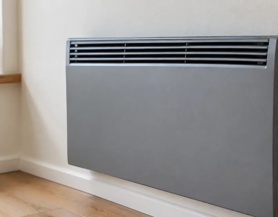 Appareil de chauffage gris fixe au mur avec etiquette