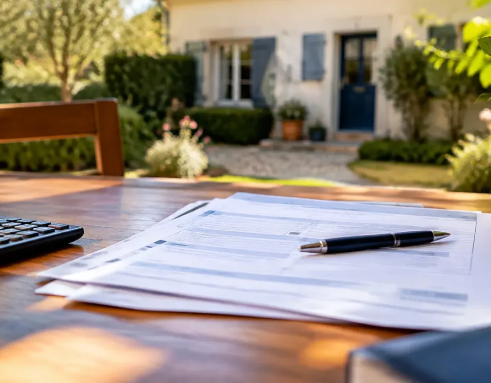 Avis fiscal papier posé sur table devant maison