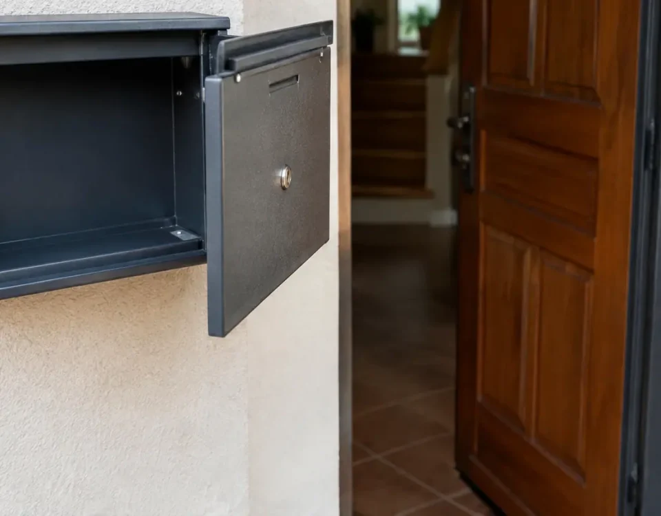 Boite aux lettres vide pres de la porte entrouverte