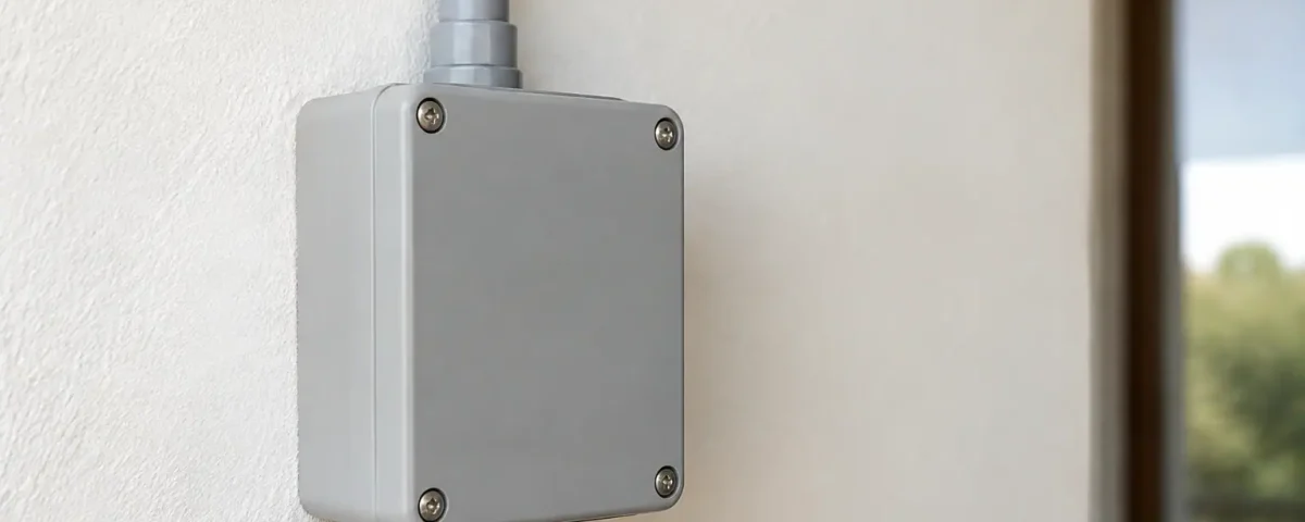 Boitier electrique gris fixe sur un mur blanc
