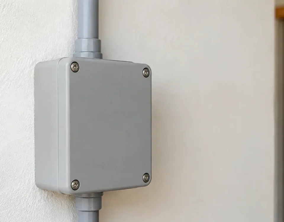 Boitier electrique gris fixe sur un mur blanc