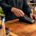 Boutiquier debout devant un terminal de carte bancaire