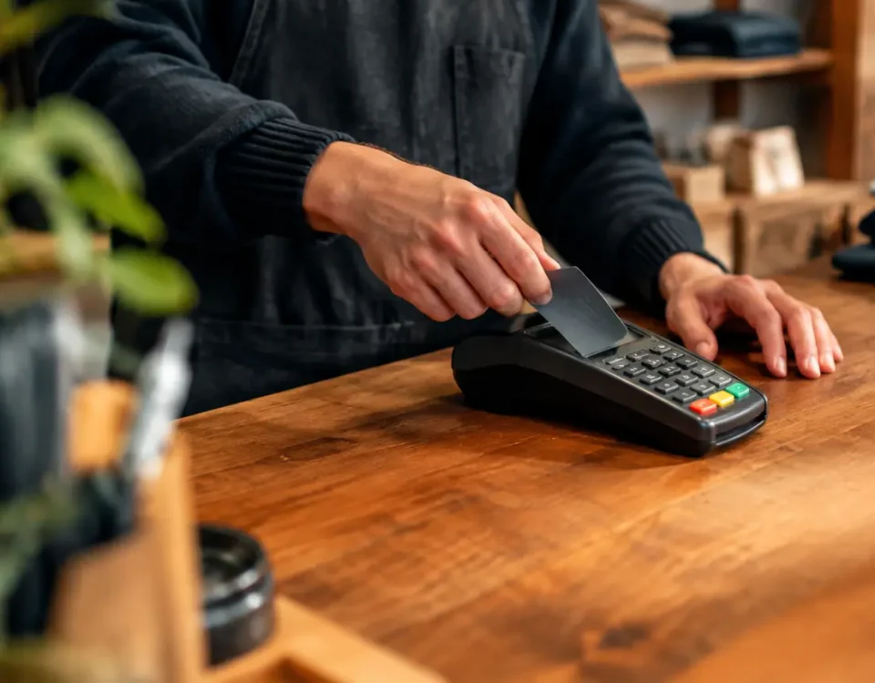 Boutiquier debout devant un terminal de carte bancaire