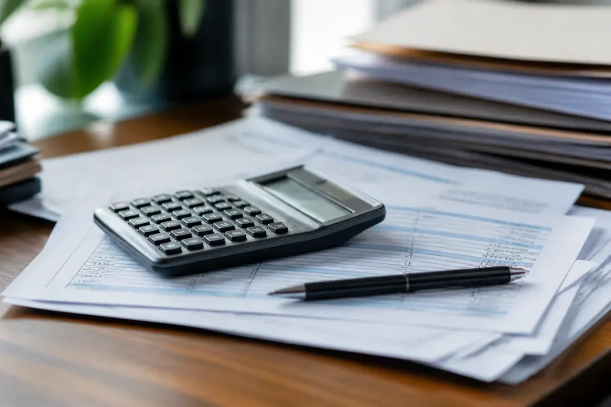 Bulletin de paie et calculatrice sur un bureau