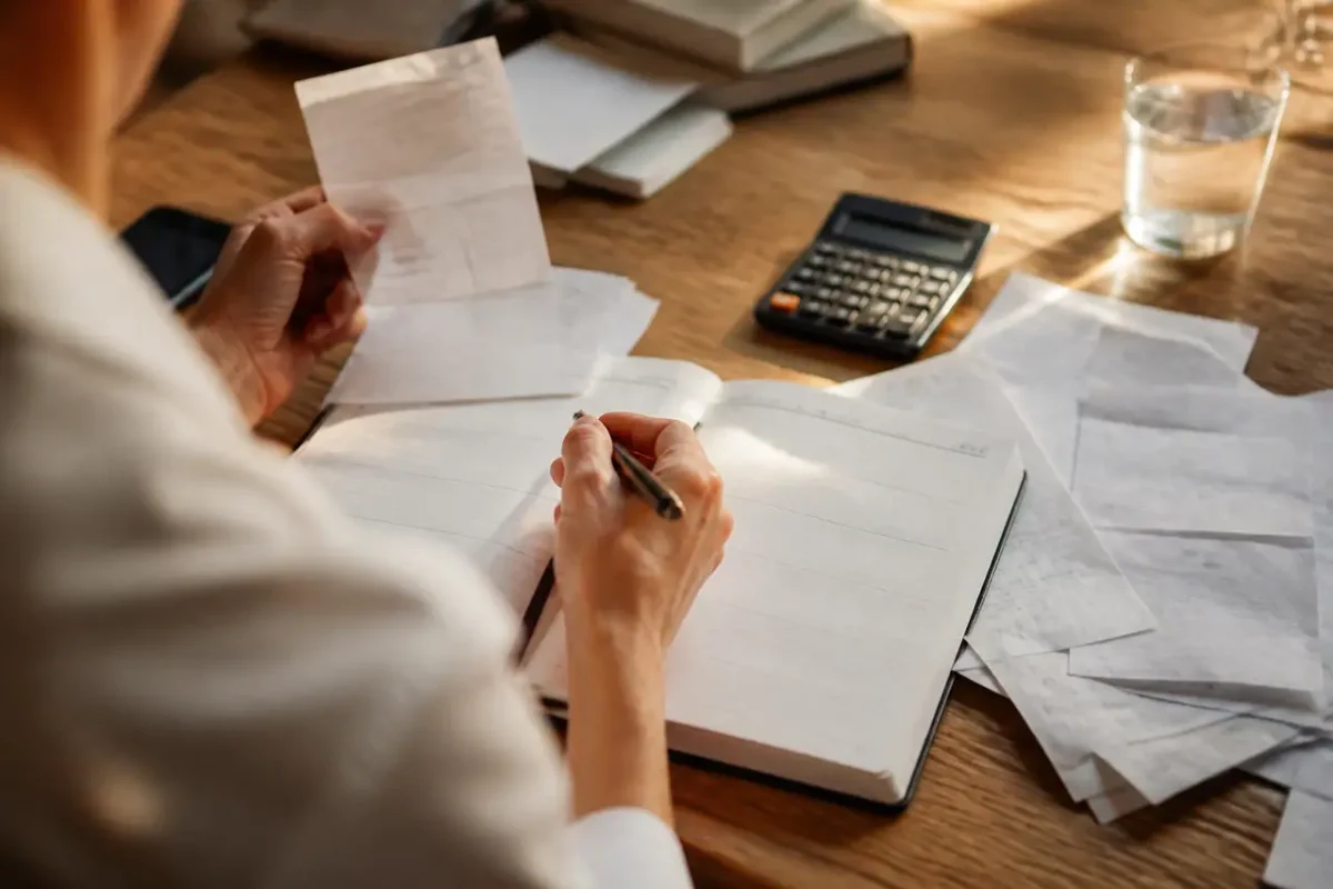 Bureau avec agenda ouvert, factures, stylo et calculatrice