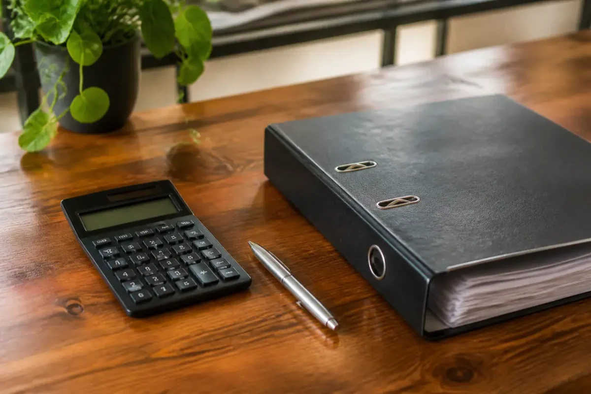 Bureau en bois avec calculatrice, stylo et classeur