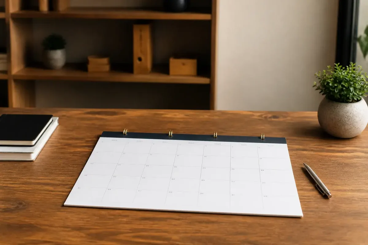 Bureau en bois avec calendrier mural et stylo