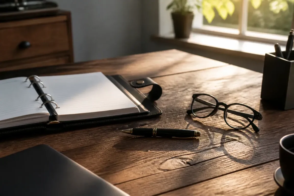 Bureau en bois avec classeur stylo et lunettes