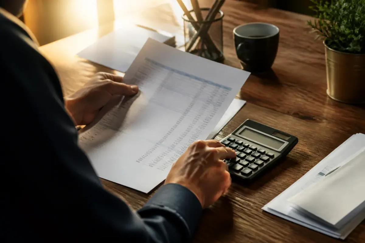 Bureau en bois avec releves bancaires et calculatrice