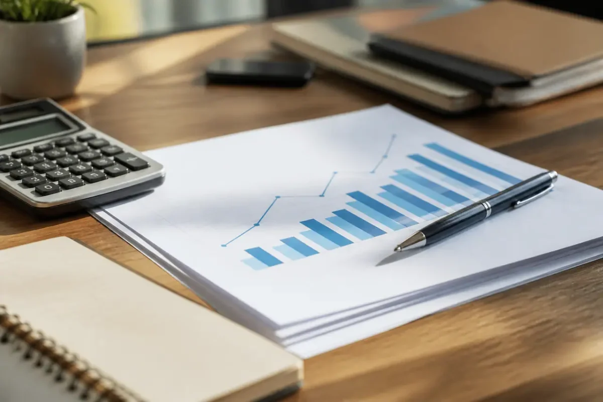 Bureau avec calculatrice, stylo et graphique de croissance