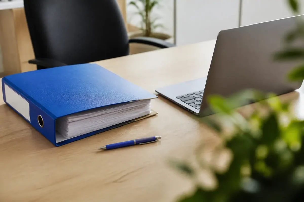 Bureau avec classeur, stylo bleu et ordinateur portable