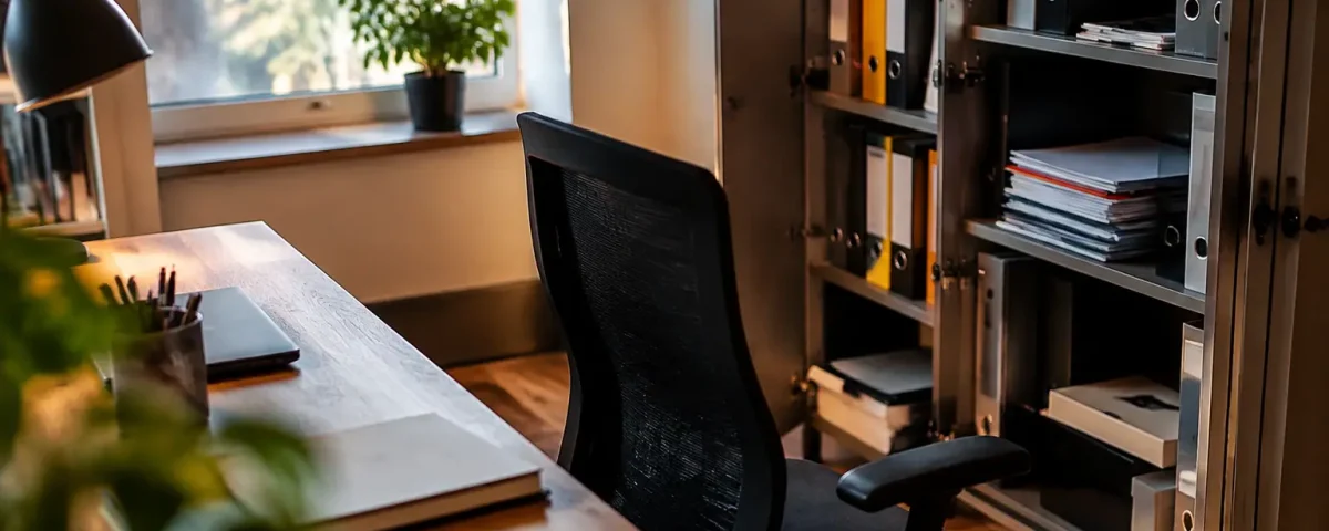 Bureau vide, chaise tournee vers classeurs ouverts
