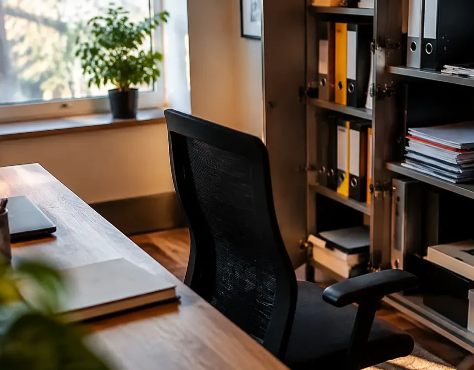 Bureau vide, chaise tournee vers classeurs ouverts