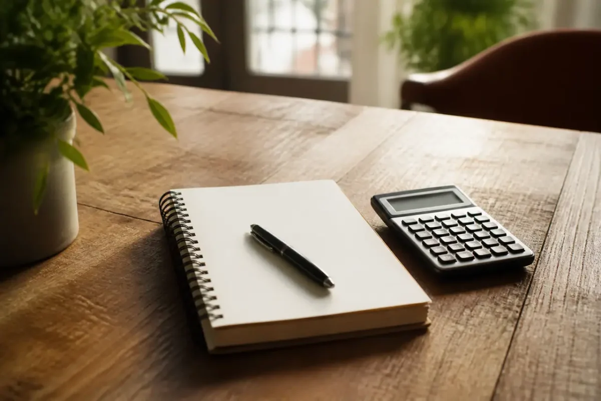 Calculatrice et carnet sur un bureau en bois