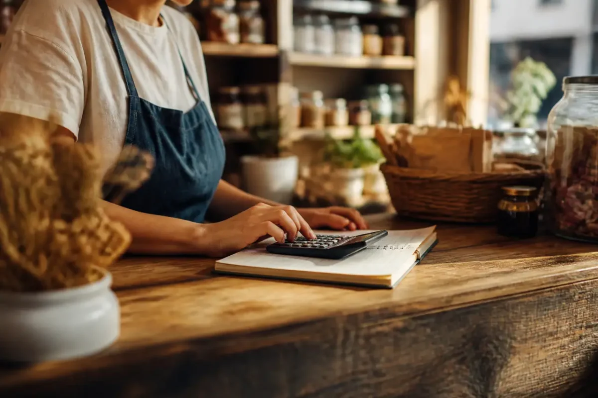 Calculatrice sur carnet de comptes au comptoir de boutique
