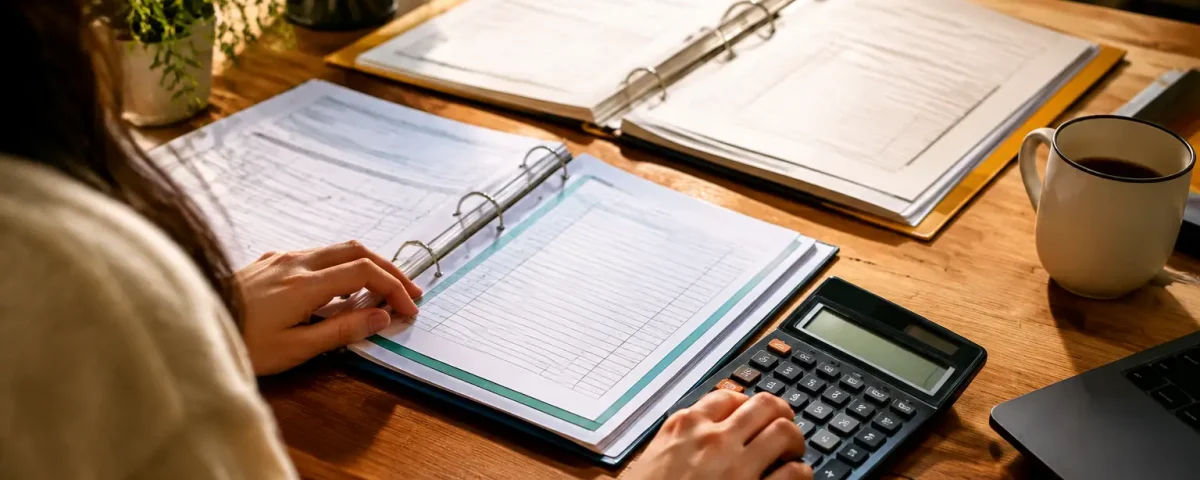 Calculatrice et classeurs ouverts poses sur un bureau
