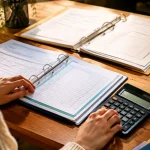 Calculatrice et classeurs ouverts poses sur un bureau