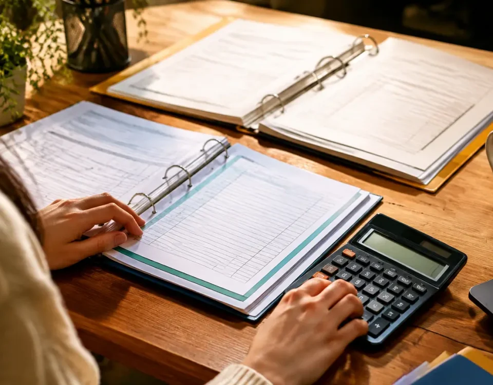 Calculatrice et classeurs ouverts poses sur un bureau
