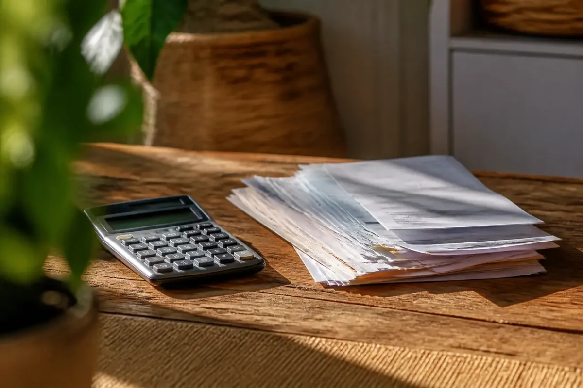 Calculatrice et factures posees sur un bureau en bois