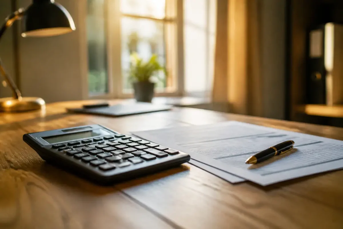 Calculatrice et formulaire poses sur un bureau en bois