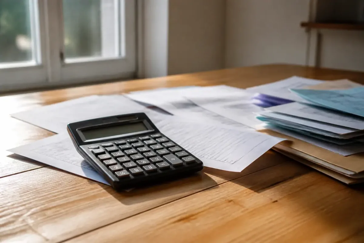 Calculatrice et papiers fiscaux sur table en bois