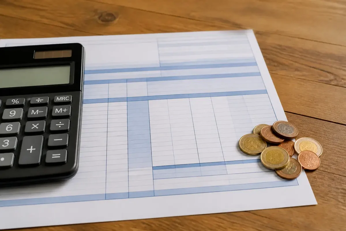 Calculatrice et pieces sur un bulletin de paie