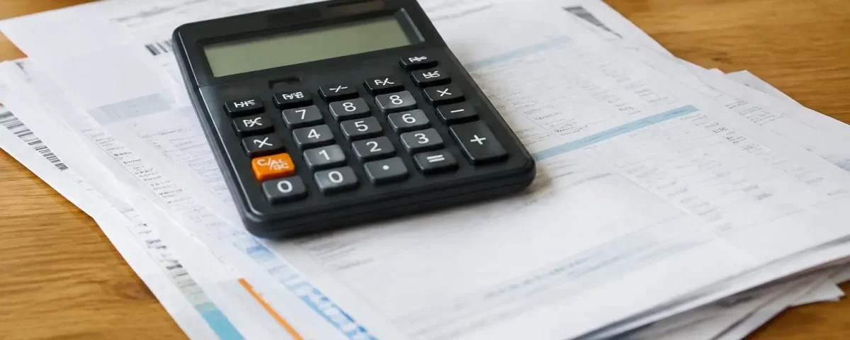 Calculatrice posee sur une pile de factures mensuelles