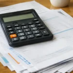 Calculatrice posee sur une pile de factures mensuelles