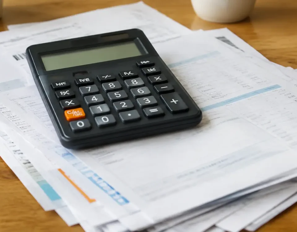 Calculatrice posee sur une pile de factures mensuelles