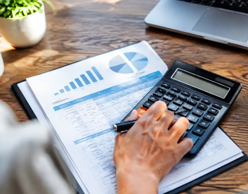 Une calculatrice posee sur un rapport budgetaire ouvert