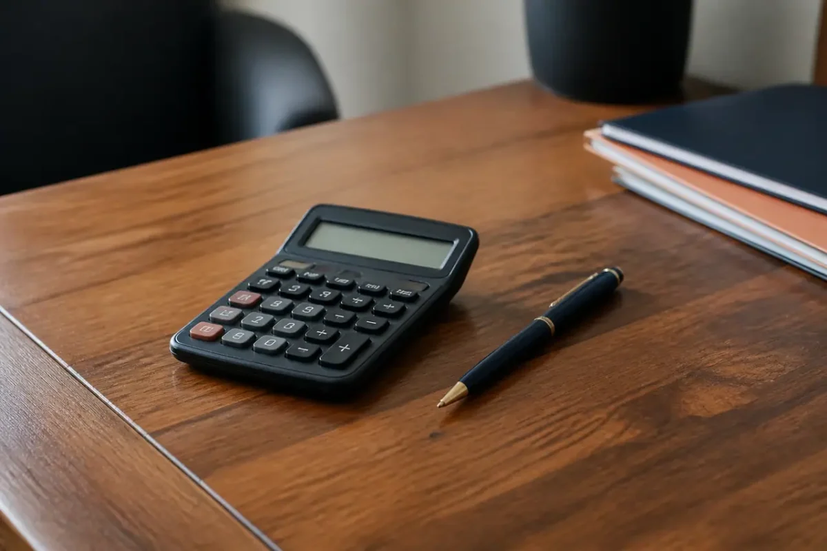 Calculatrice et stylo posés sur un bureau en bois