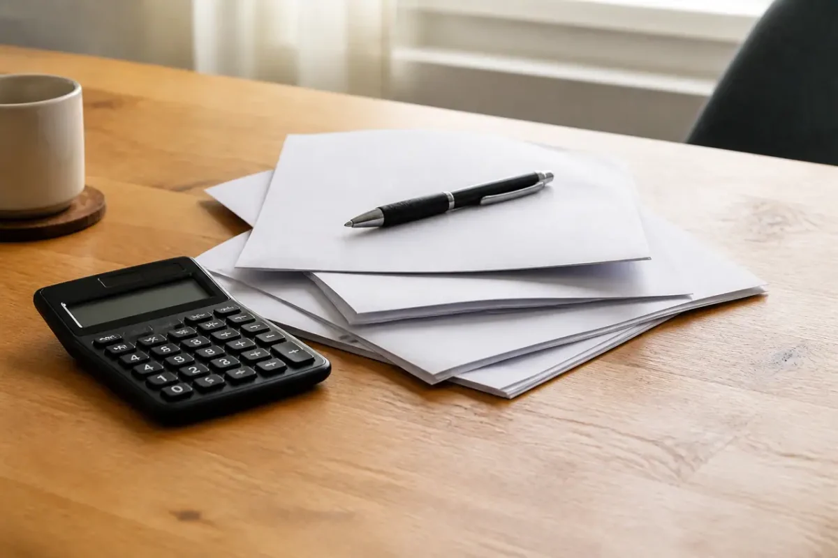 Calculatrice, stylo et courrier administratif sur un bureau
