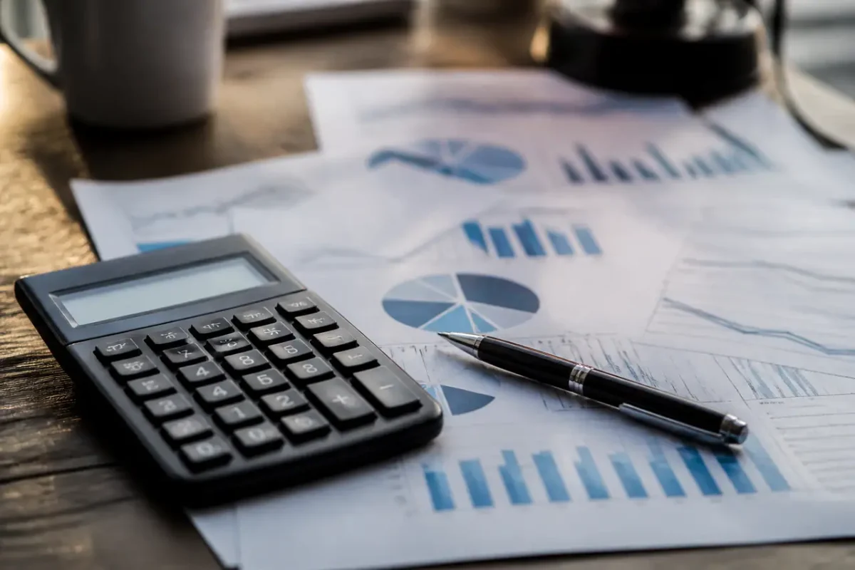 Calculatrice et stylo posés sur des documents financiers