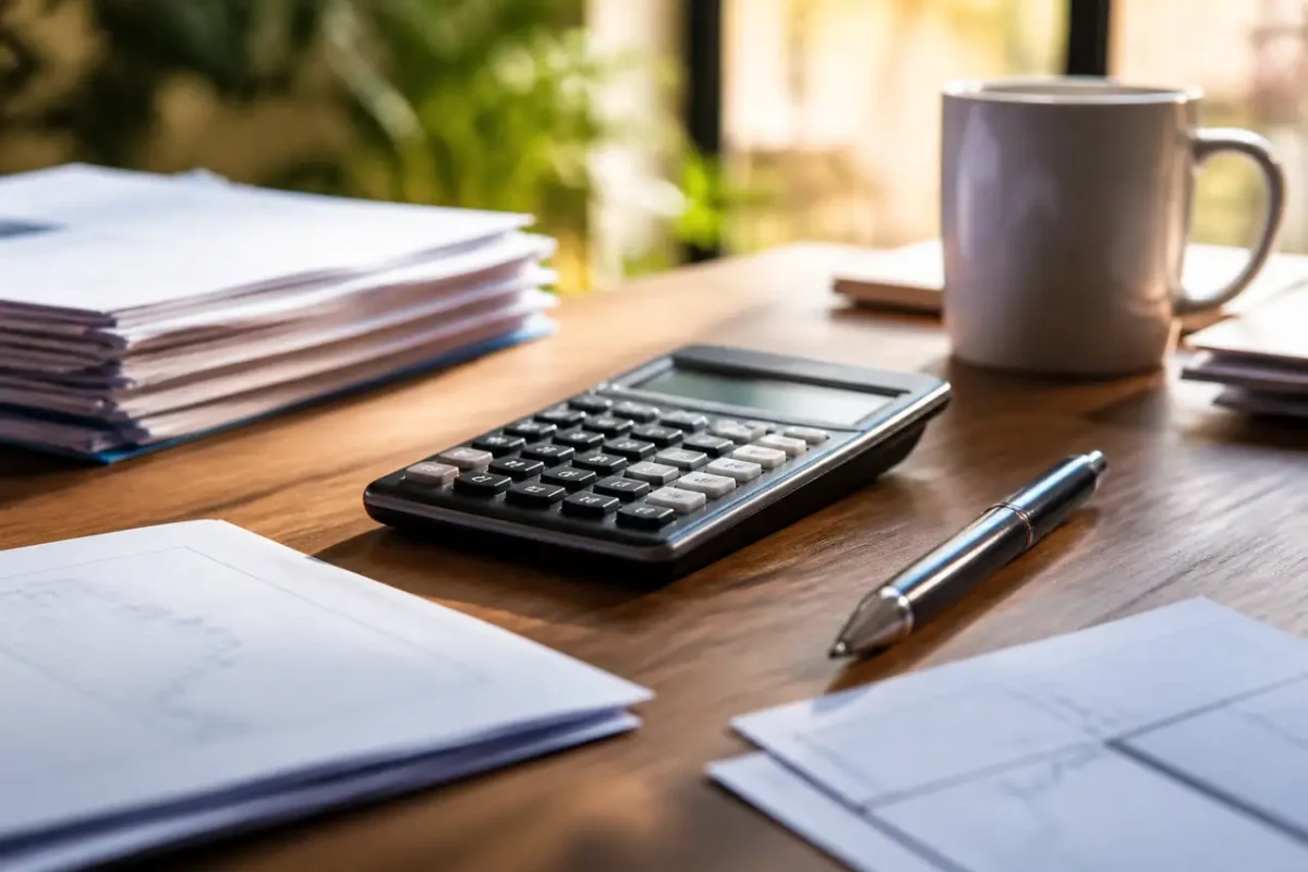 Calculatrice, stylo et feuilles sur bureau en bois