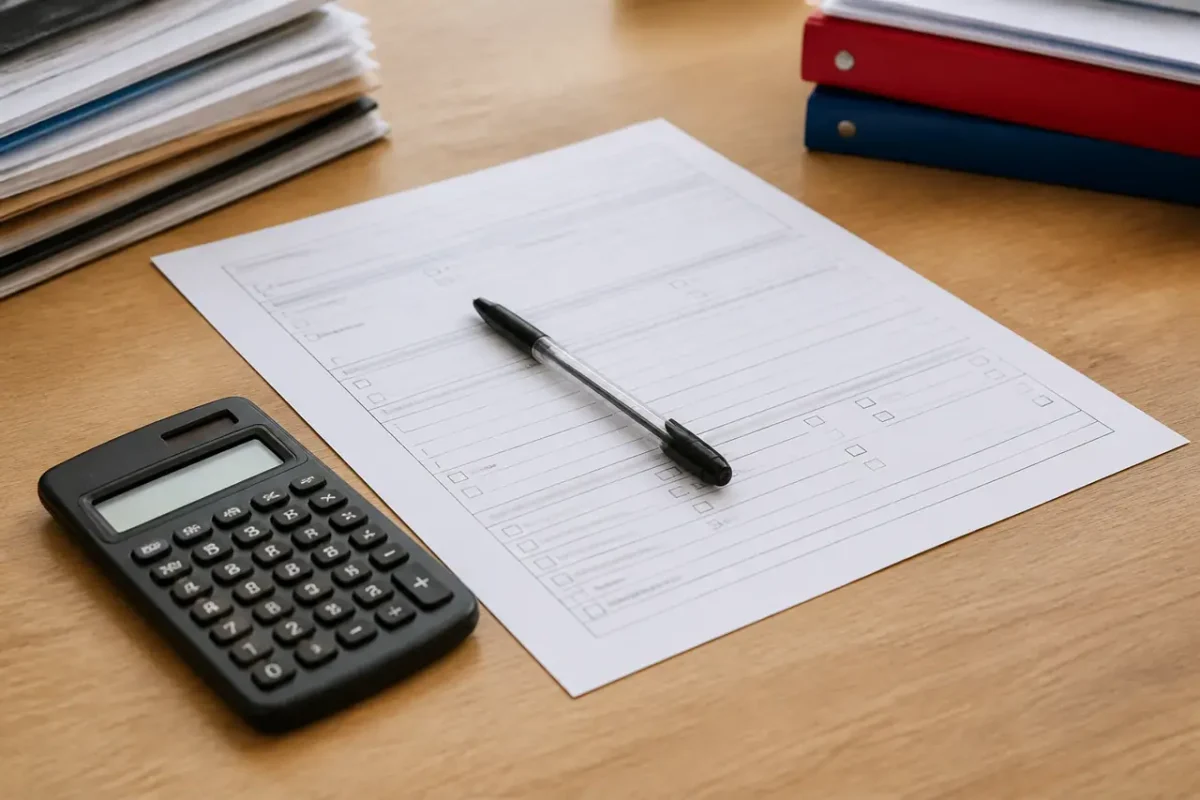 Calculatrice stylo et formulaire papier sur un bureau
