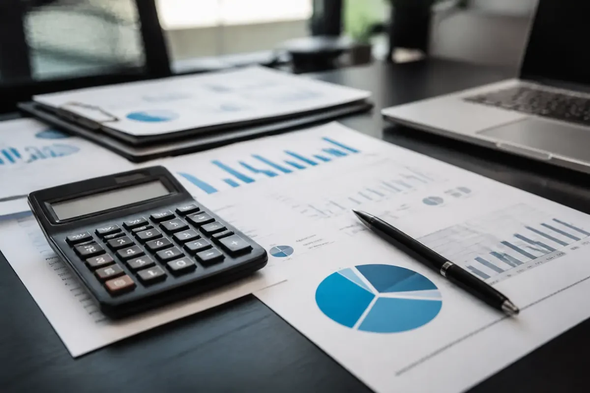 Calculatrice et stylo poses sur un rapport imprime