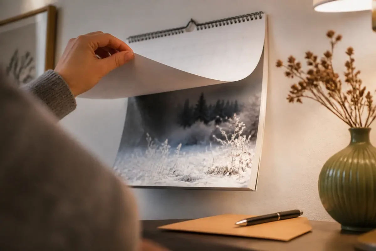 Calendrier mural tourne sur janvier avec stylo et enveloppe