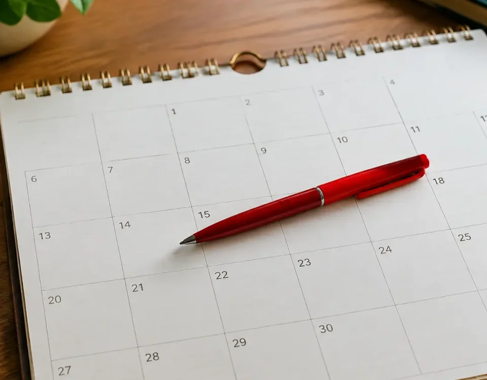 Calendrier de novembre ouvert, un stylo rouge en travers