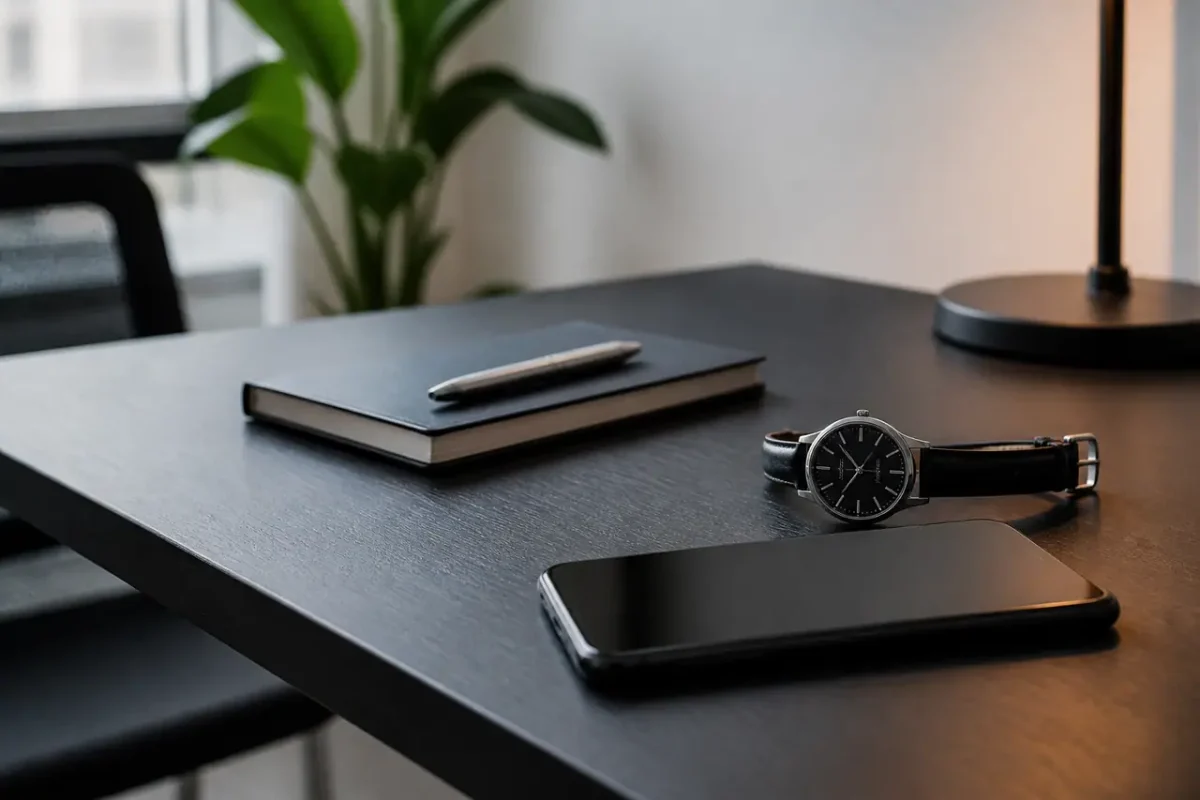 Candidat assis droit, telephone face contre table, montre visible