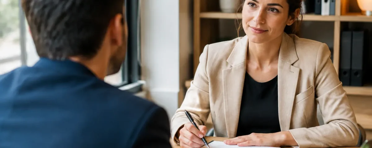 Candidat assis face a un recruteur tenant un stylo