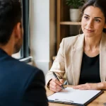 Candidat assis face a un recruteur tenant un stylo