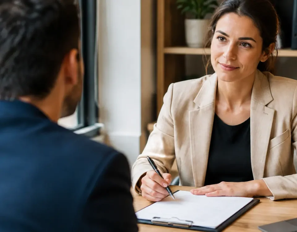 Candidat assis face a un recruteur tenant un stylo