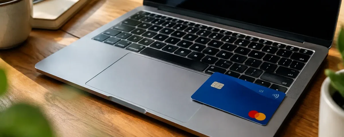 Carte bancaire posee sur un ordinateur portable ouvert