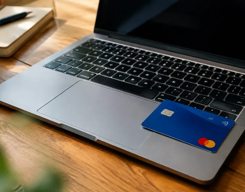 Carte bancaire posee sur un ordinateur portable ouvert