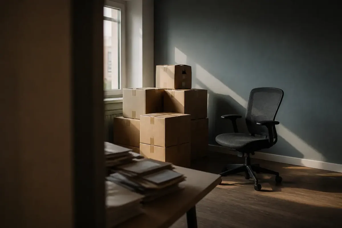 Cartons empilés et chaise vide dans un bureau
