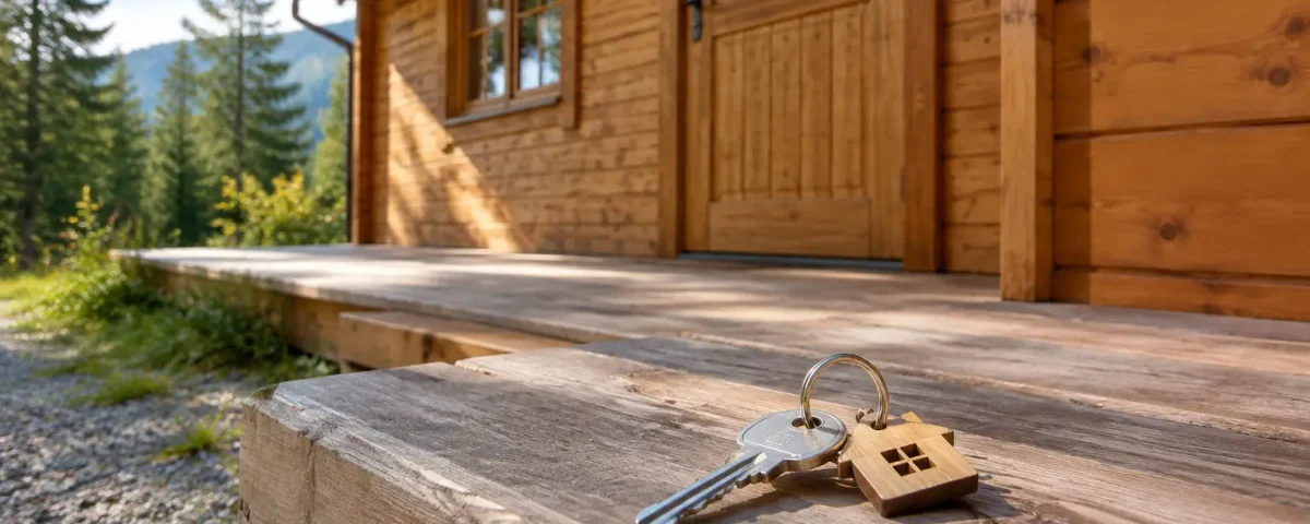 Chalet en bois, cle posee sur une marche