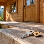 Chalet en bois, cle posee sur une marche