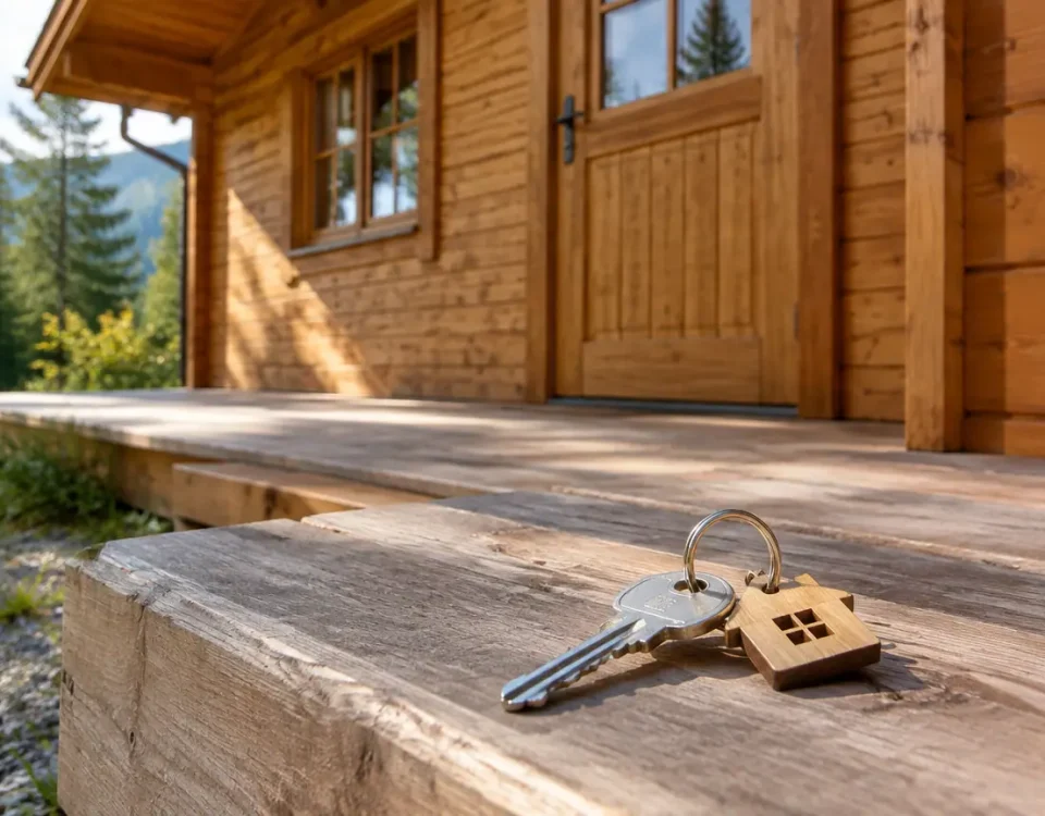 Chalet en bois, cle posee sur une marche