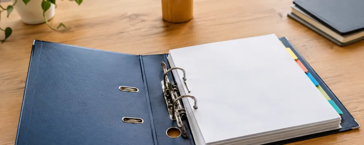 Un classeur ouvert sur un bureau en bois clair